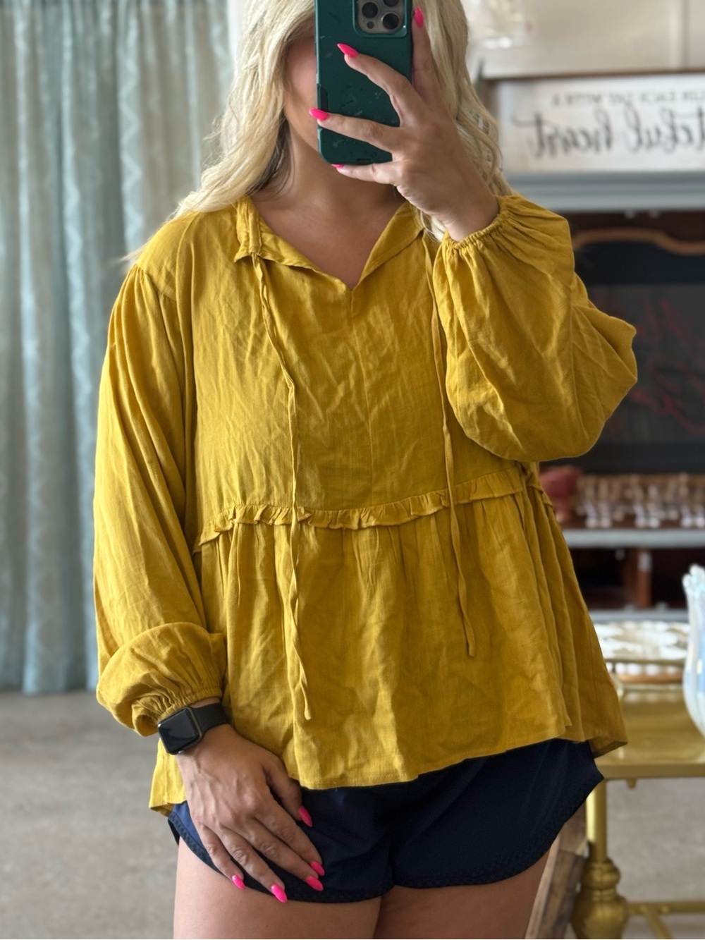 Women’s Mustard Peasant Blouse - Lightweight Oversized Long-Sleeve